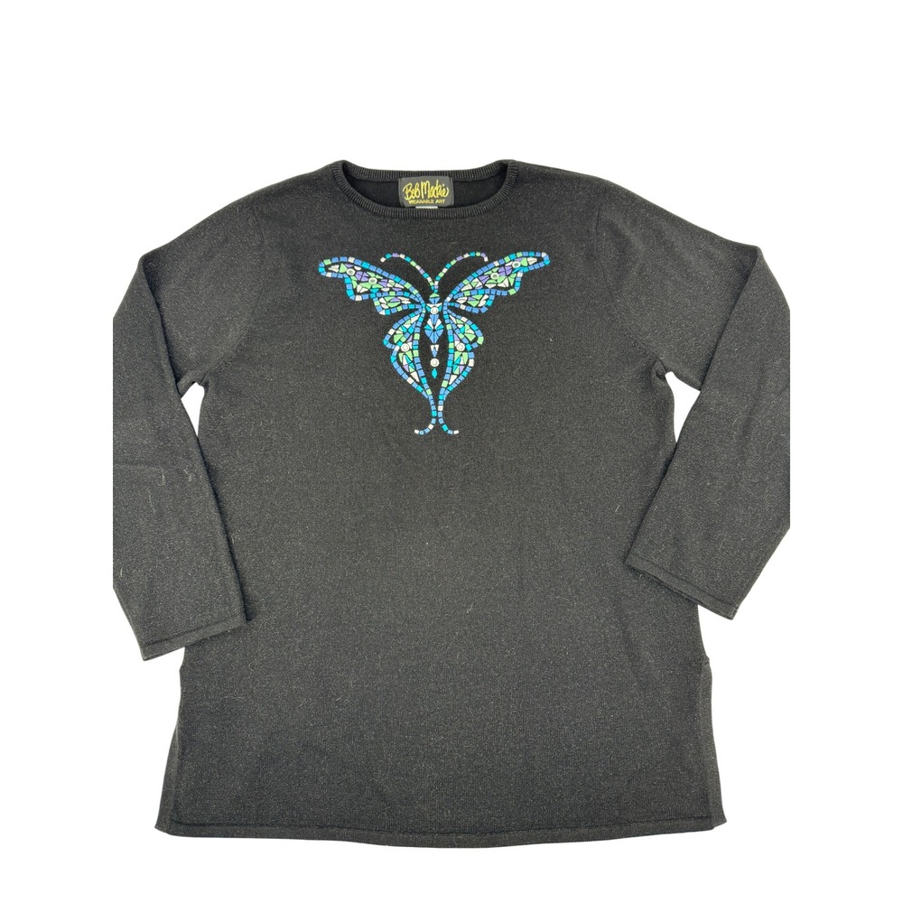 Bob Mackie Wearable Art Sweater Women M Black Butterfly Metallic Embroidered